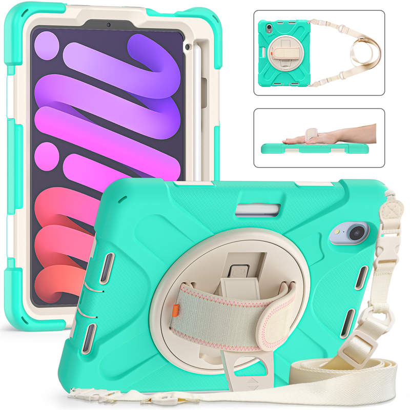 Onepiece iPad Case For iPad Mini 6 Full Body Shockproof Protective Case With Holder/Hand Strap-Mint Green