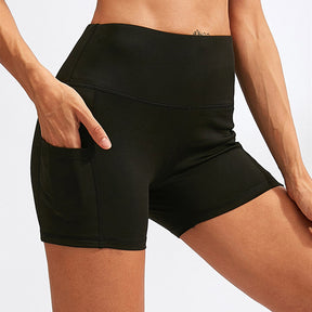 Women Yoga Shorts With Pockets High Waist Running Fitness Leggings Sports Quick Drying Tight Pants 2049-Black