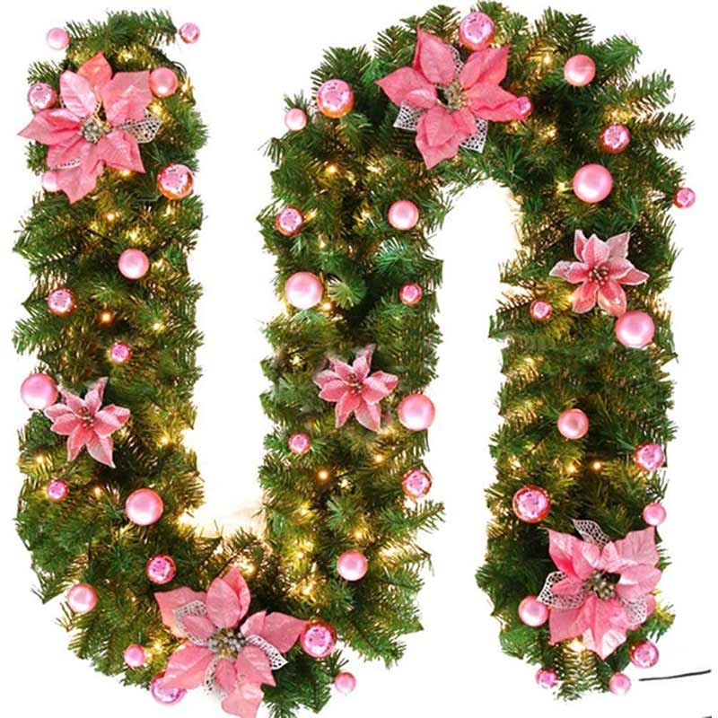 2.7M Christmas Garland with Lights Rattan Artificial Garland Green for Indoor Home Fireplace Stair Decorations-Pink