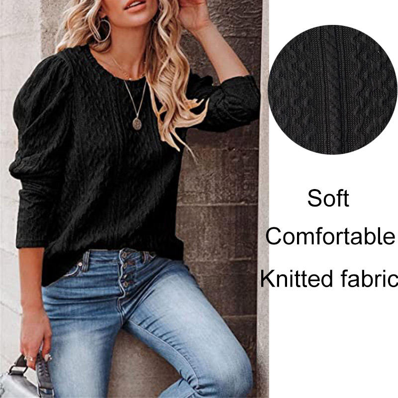 Womens Long Sleeve Sweaters Solid Color Jacquard Weave Round Neck Knit Tops-Black
