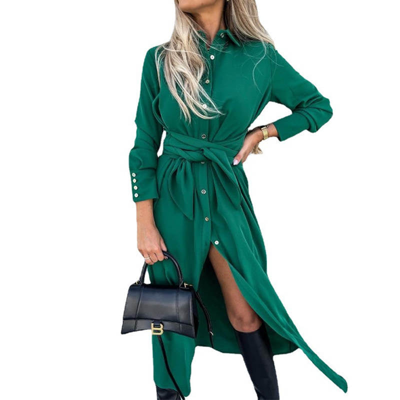 Womens Button Down Shirt Dresses Long Sleeve Causal Belted Slits-Green