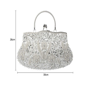 Beaded Sequin Design Flower Evening Purse Large Clutch Bag-White