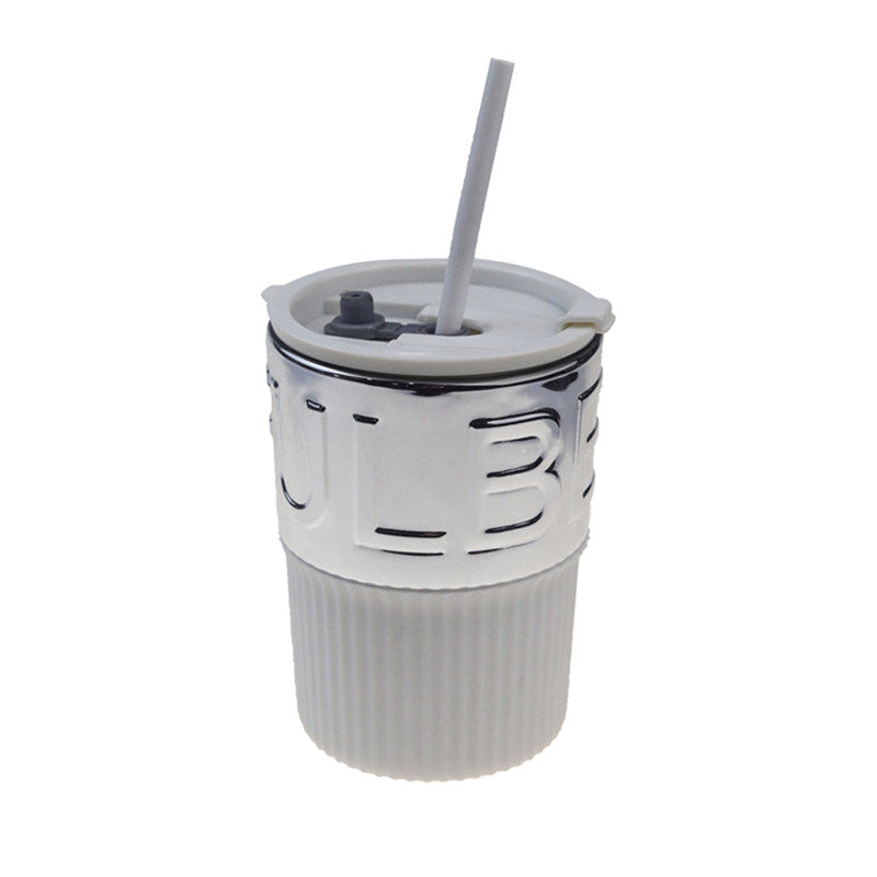 420ml Glass Coffee Mug with Lids and Straws Travel Friendly-SilverWhite