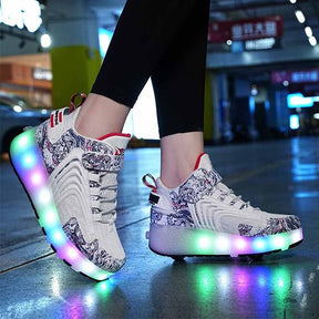 Kids LED Roller Skates Fashion Sneakers with Double Wheel-8088-White