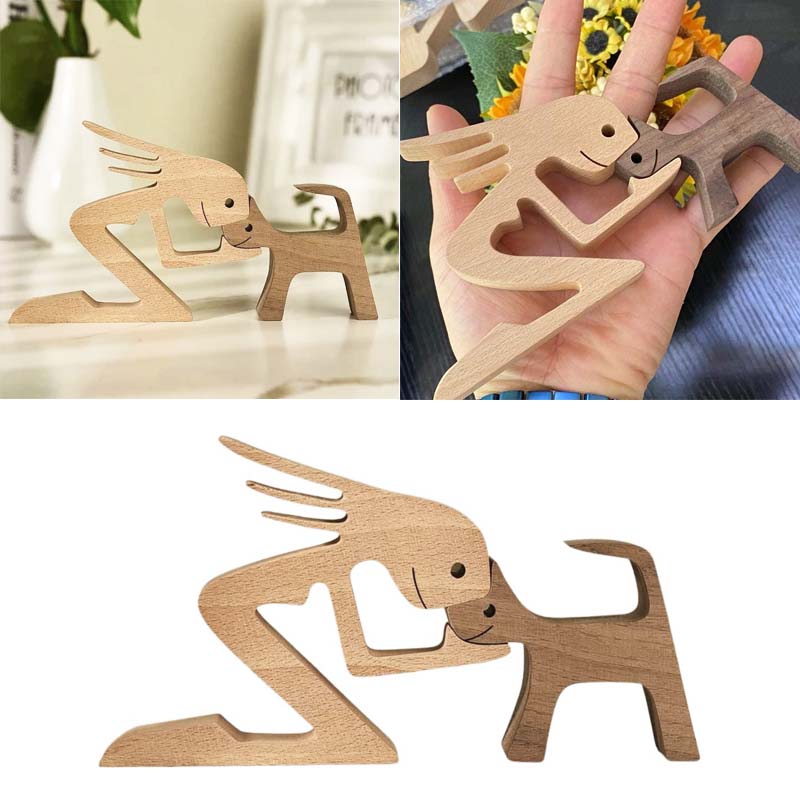 Woman and Dog Wooden Statue Bedroom Home Decoration-4