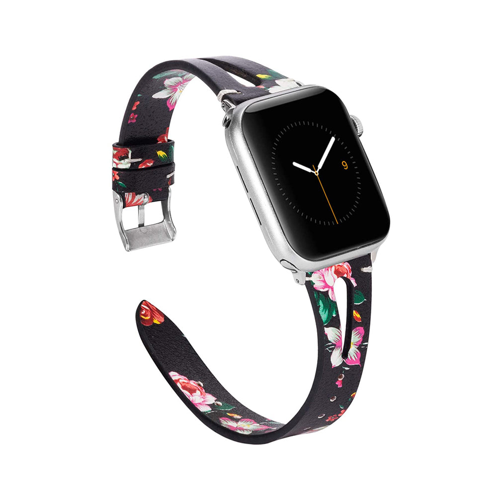 Fashion Triangle Hole Leather Watch Band For Apple Watch SE/6/5/4/3/2/1(Red Flower)