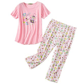 Womens Short Sleeve Casual Prints Pajama Cropped Trousers Set-Pink Flower Mouse