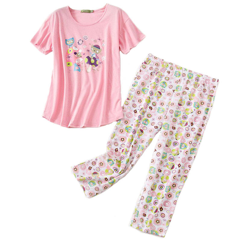 Womens Short Sleeve Casual Prints Pajama Cropped Trousers Set-Pink Flower Mouse