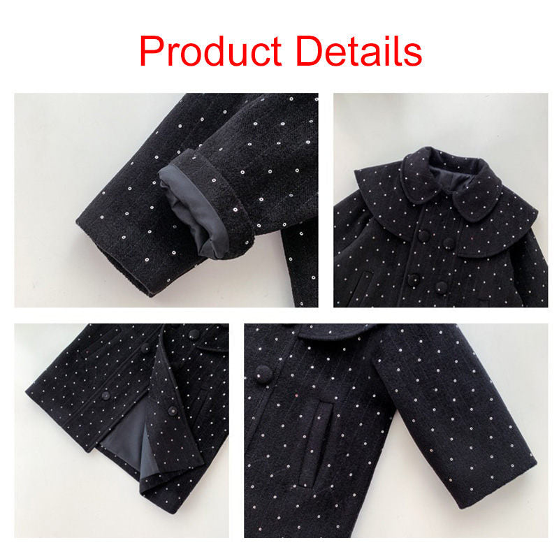Girls Woolen Dress Coat Kids Warm Jacket Long Sleeve Button Trench 2-8 Years-Black
