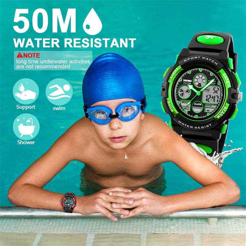 LED Multi Function Sports Waterproof Watch for Kids-Green