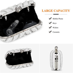 Womens Pearl Beaded Clutches Bags Luxury Evening Purse for Party Prom-White