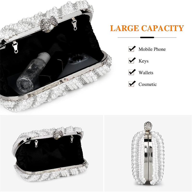 Womens Pearl Beaded Clutches Bags Luxury Evening Purse for Party Prom-White