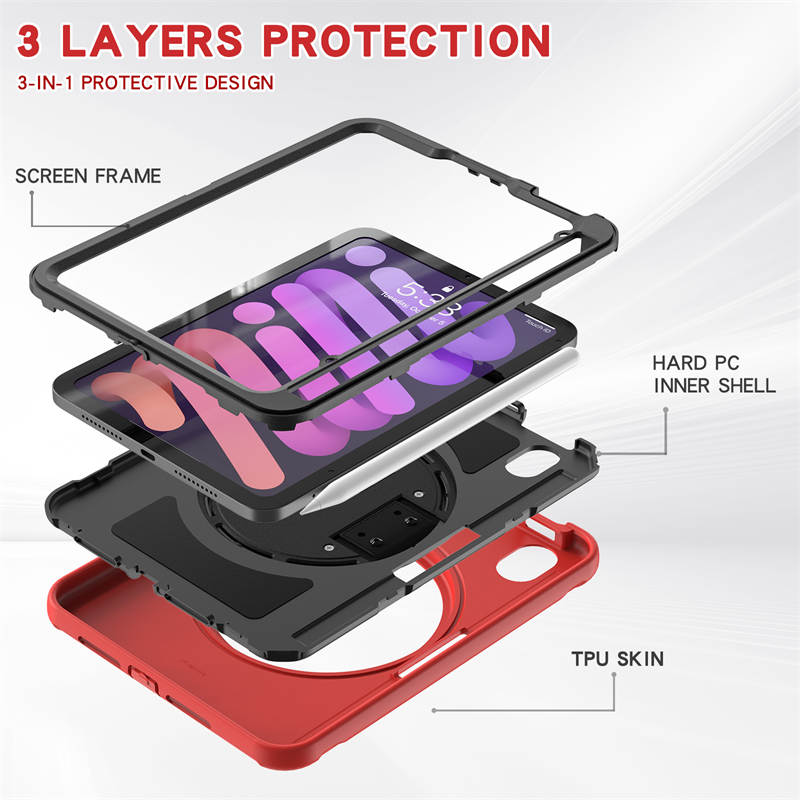 SpiderA iPad Case For iPad Mini 6 Heavy Duty Shockproof Rugged Protective Case With Holder-Red