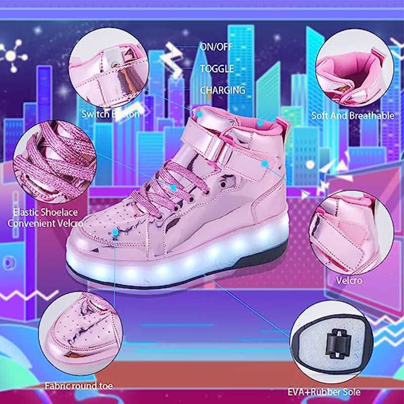 Kids Light Up Roller Skate Shoes High Top Sneakers Double Wheels-Pink