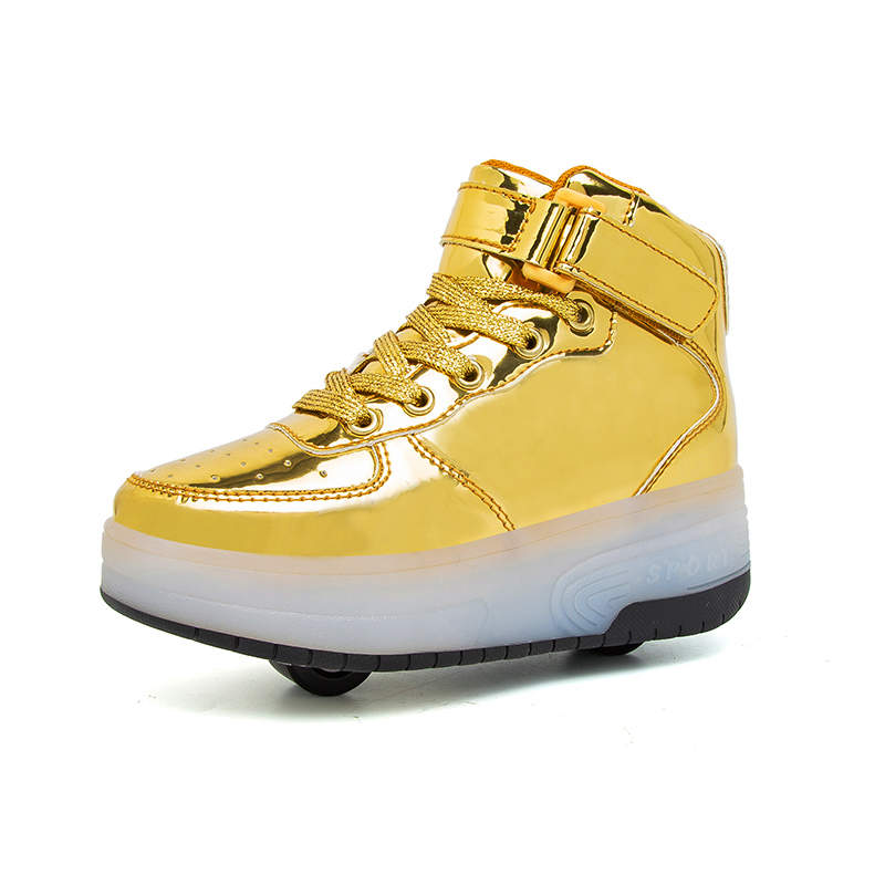 Kids Light Up Roller Skate Shoes High Top Sneakers Double Wheels-Golden