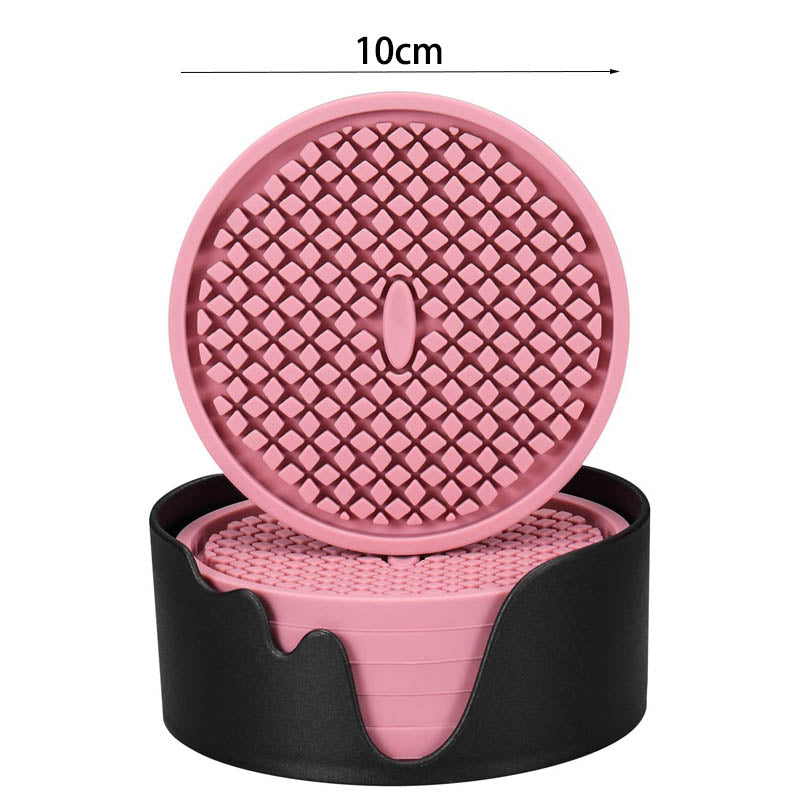 Silicone Drink Coasters Set of 6 in Holder for Drinks Insulation Absorbent Coaster Protect Cup-Pink
