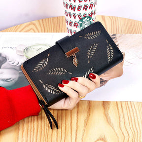 Womens Long Leaf Bifold Wallet Leather Zipper Buckle Elegant Clutch-Black