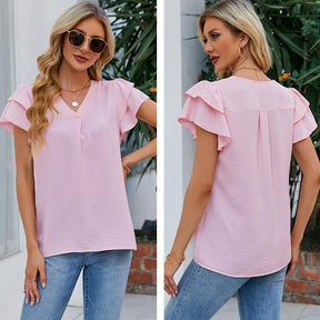 Womens Ruffle Short Sleeve Chiffon Blouses V Neck Solid Color Casual Top-Light Pink