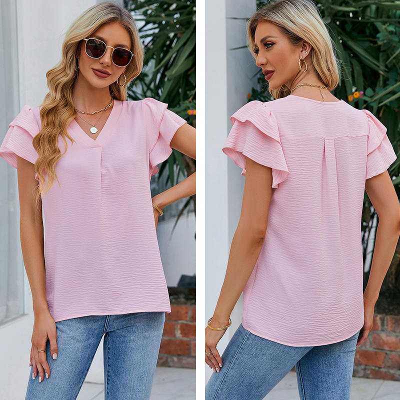 Womens Ruffle Short Sleeve Chiffon Blouses V Neck Solid Color Casual Top-Light Pink