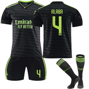 Real Madrid Second Away Jersey 2022-23 ALABA #4 Soccer Jersey Kids Adult 3-Pieces Jersey Kits