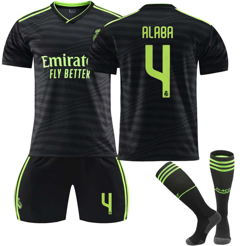 Real Madrid Second Away Jersey 2022-23 ALABA #4 Soccer Jersey Kids Adult 3-Pieces Jersey Kits