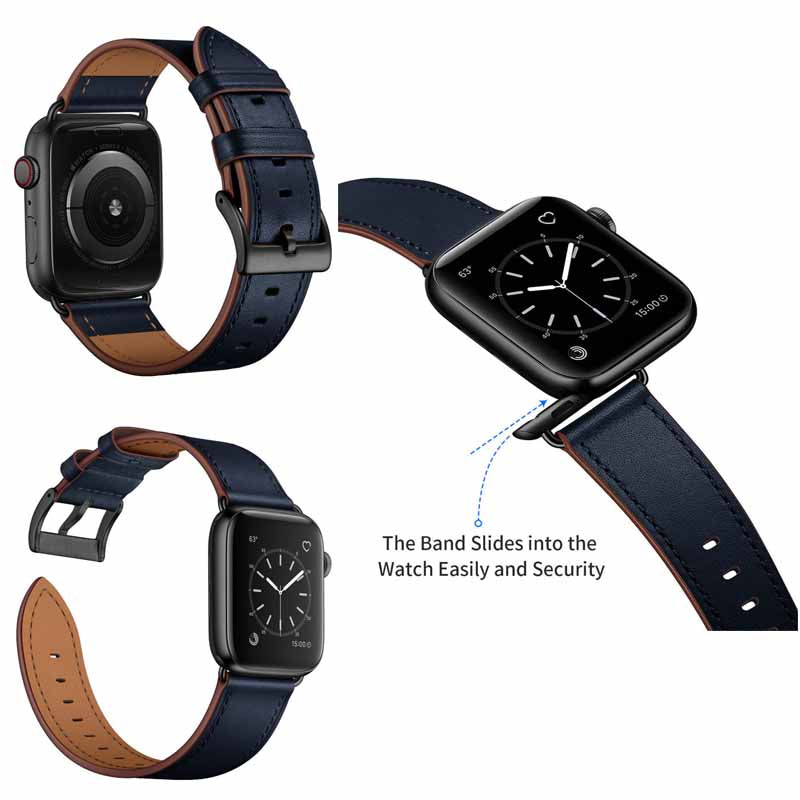 Classic Watchband Cowhide Suitable for iWatch Ultra Series 8 SE 7 6 5 4 3 2 1-Black-DarkBlue