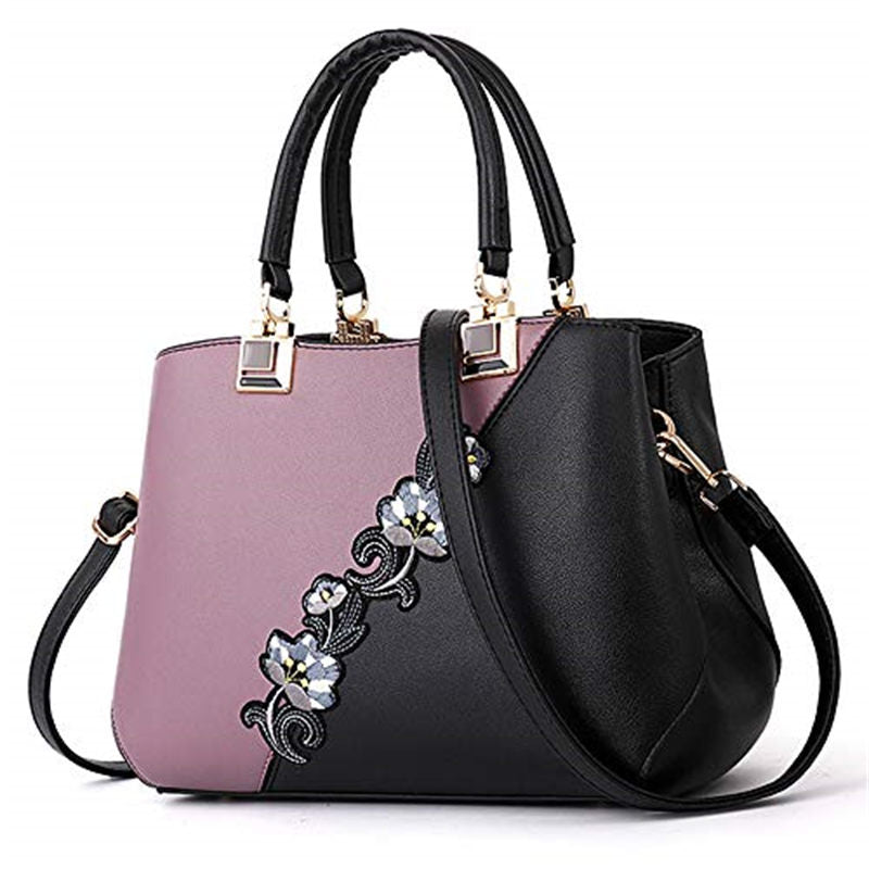 Embroidered Women Top Handle Satchel Fashion Shoulder Bags-Purple