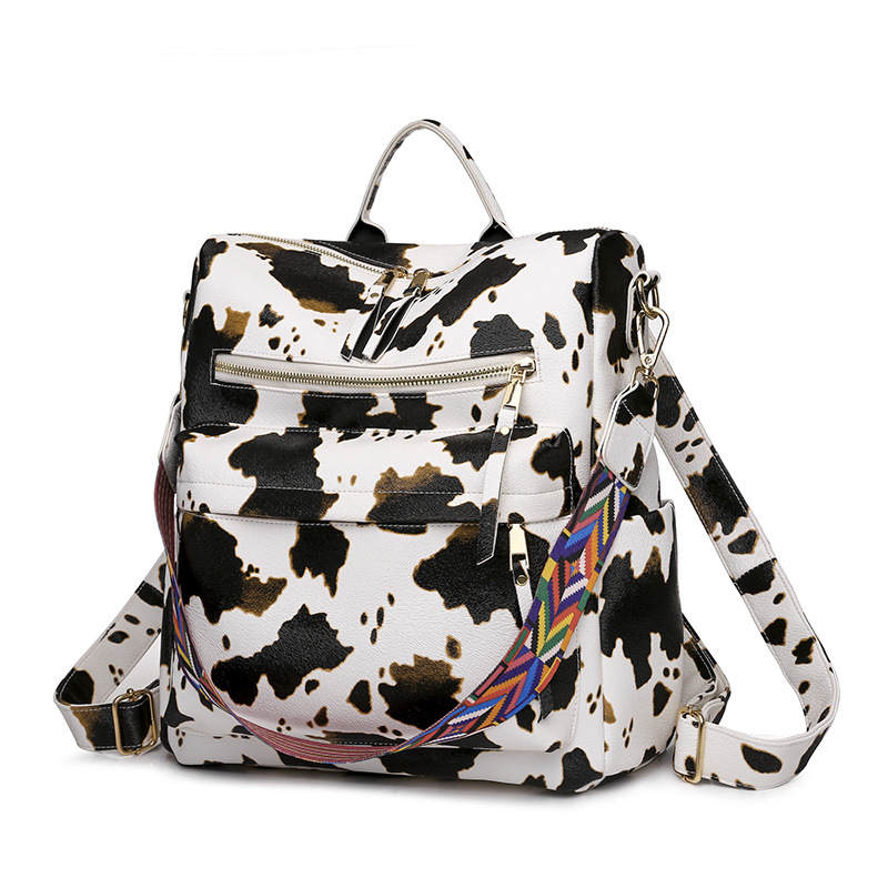 Fashion Backpack Multipurpose Print Leather Travel Shoulder Bag-Beige Cow Pattern