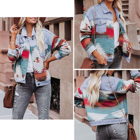 Womens Cropped Denim Jacket Aztec Print Vintage Casual Coat-LightBlue