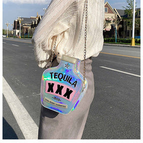 Tequila Bottle Shaped Laser Shoulder Handbags PU Crossbody Purse for Women-Sliver