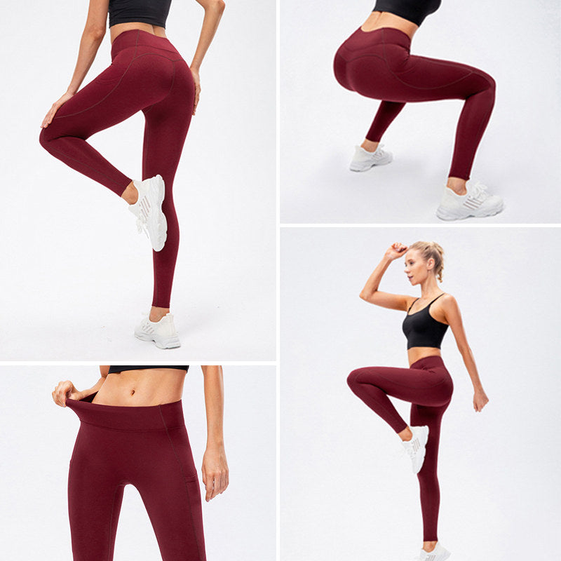 Womens Fleece Leggings with Pockets Tummy Control Thermal Yoga Pants-Red
