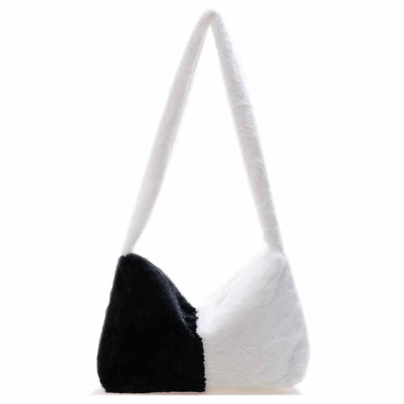 Women Plush Flower Underarm Bag Hand Bag Soft Shoulder Bag-Black White
