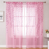 2 Panels Sheer Curtains Rod Pocket Willow Leaves Print for Living Room-Pink