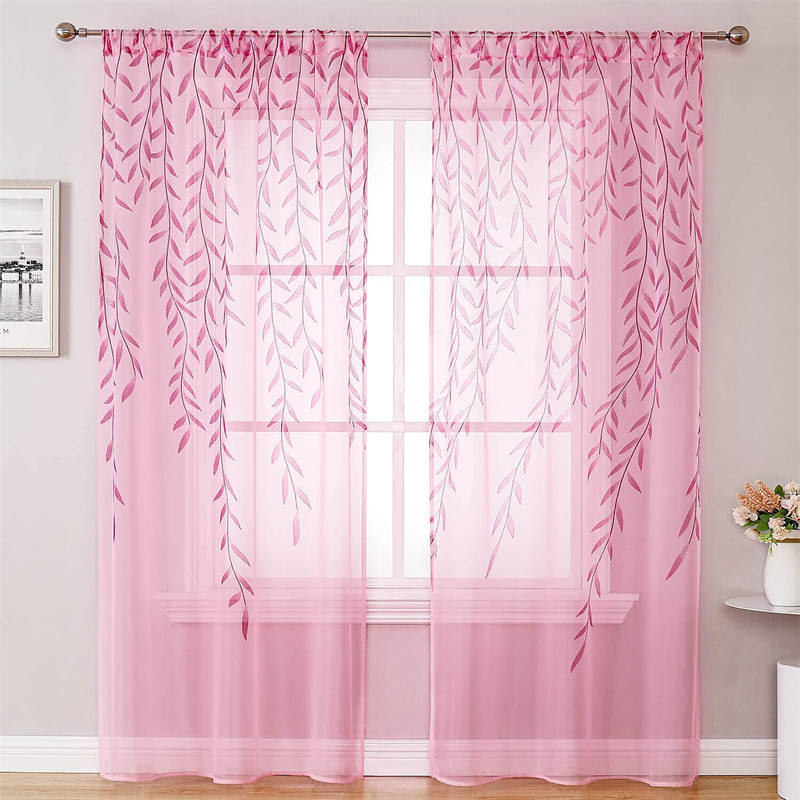 2 Panels Sheer Curtains Rod Pocket Willow Leaves Print for Living Room-Pink