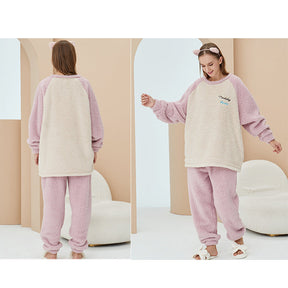Crewneck Colorblock Pajamas Set for Couple-Pink