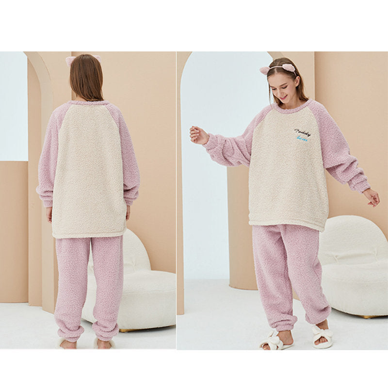Crewneck Colorblock Pajamas Set for Couple-Pink
