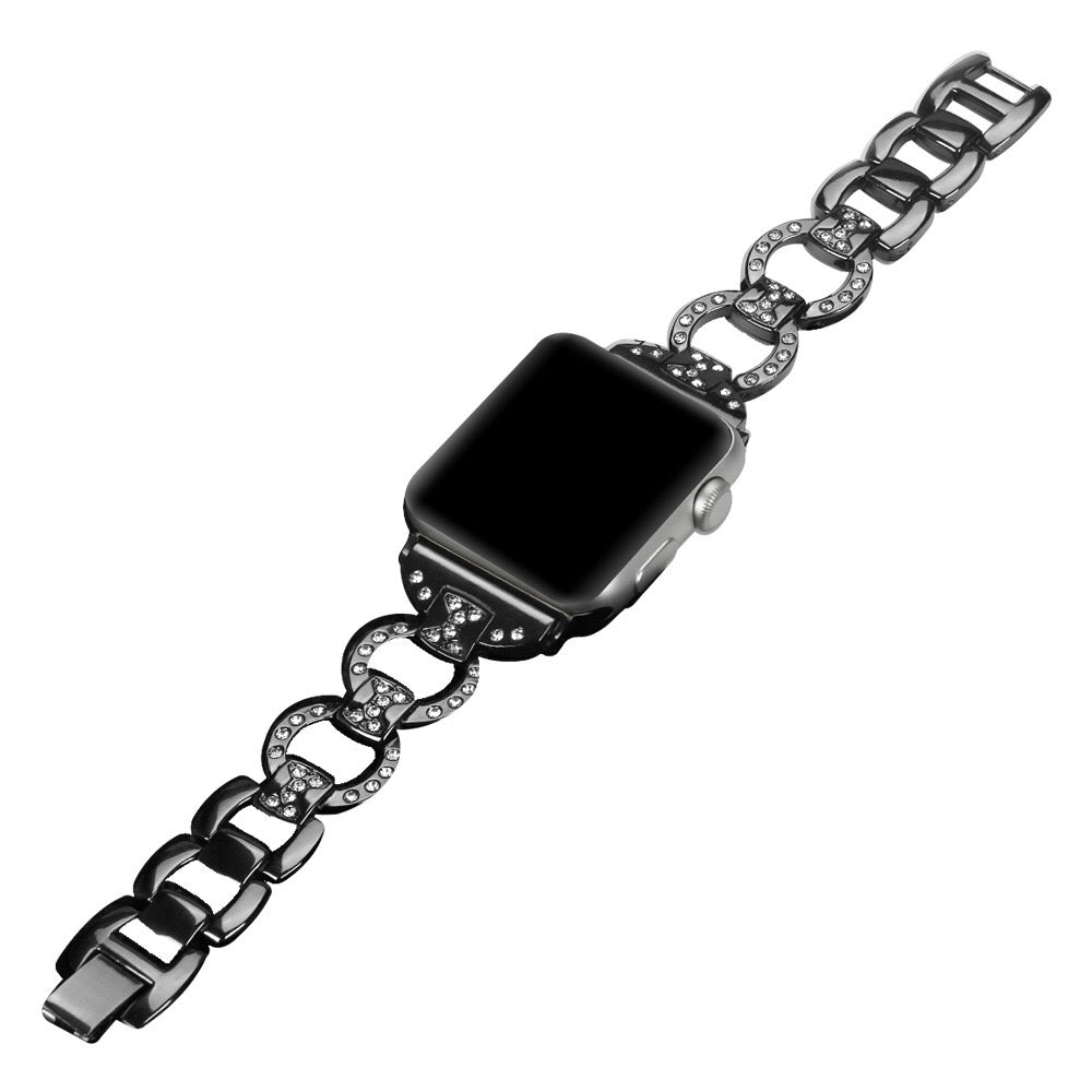 XBZ Bling Stainless Steel Watch Band Adjustable Wristbands for Apple IWatch Series SE/1/2/3/4/5/6 For Women-Black