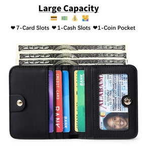 Womens Leather Mini Wallet with ID Card Window Portable Coin Purse-Black