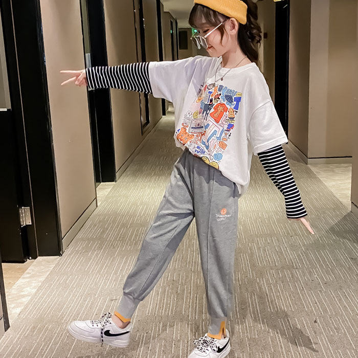 Girls Joggers Long Pants Pockets Outdoor Casual Trousers Smiley-Gray