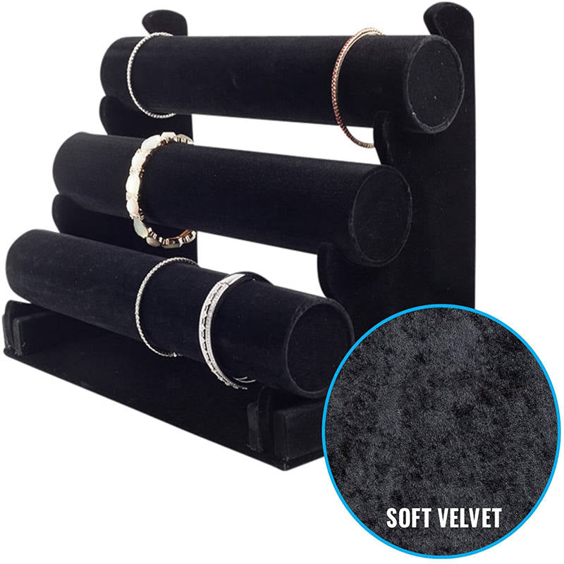 Velvet Bracelet Holder with Three Tier Rack for Jewelry Organization and Display -Black