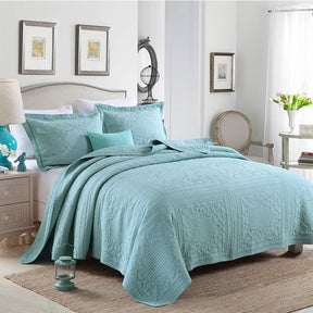 Queen Size Comforter Cover Embroidery Square Blue Quilt With 2 Pillow Cases