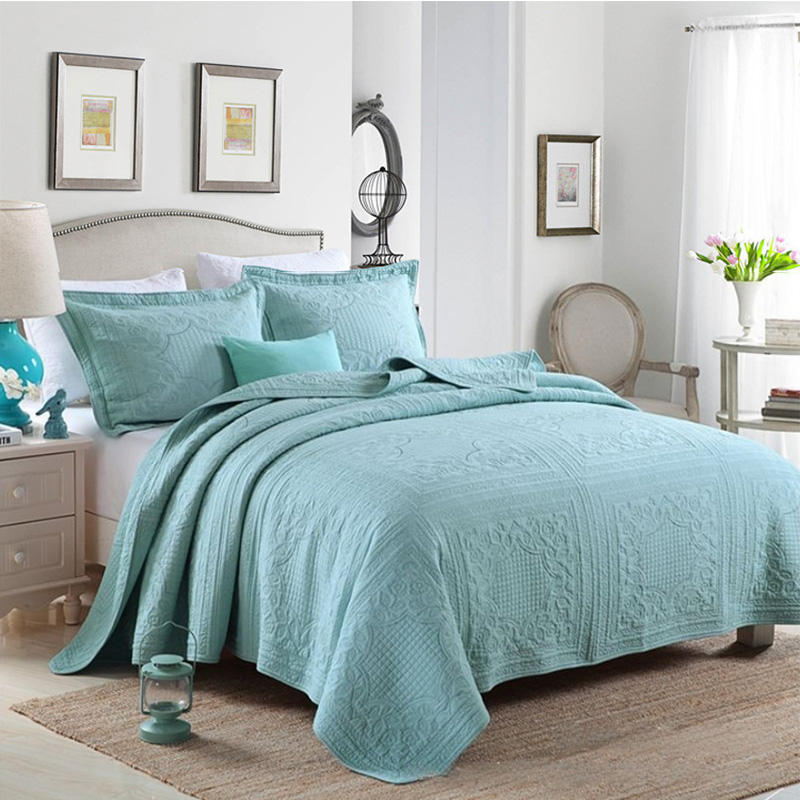 Queen Size Comforter Cover Embroidery Square Blue Quilt With 2 Pillow Cases