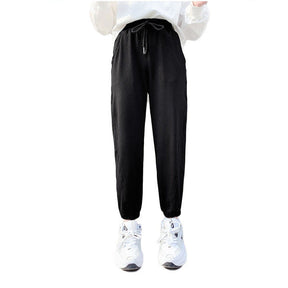 Girls Joggers Long Pants Pockets Outdoor Casual Trousers with Drawstring Splicing-Black