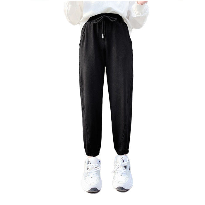 Girls Joggers Long Pants Pockets Outdoor Casual Trousers with Drawstring Splicing-Black