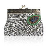 Peacock Clutch Sequined Beaded Evening Handbag-Silver