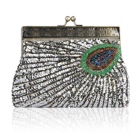 Peacock Clutch Sequined Beaded Evening Handbag-Silver