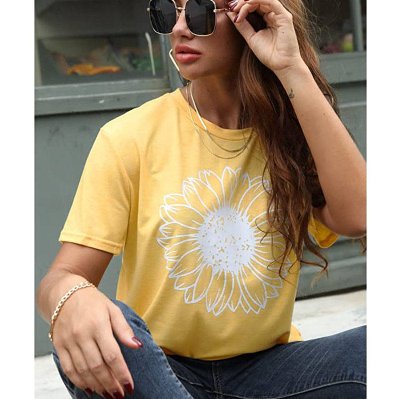 Womens Sunflower Summer Short Sleeve T-shirt Loose Casual Top-Yellow