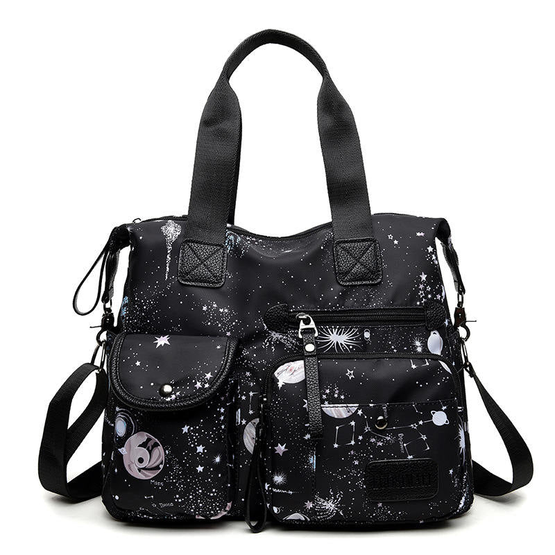 Womens Lightweight Floral Top Handle Handbag Multi-pockets Nylon Shoulder Bag-Black