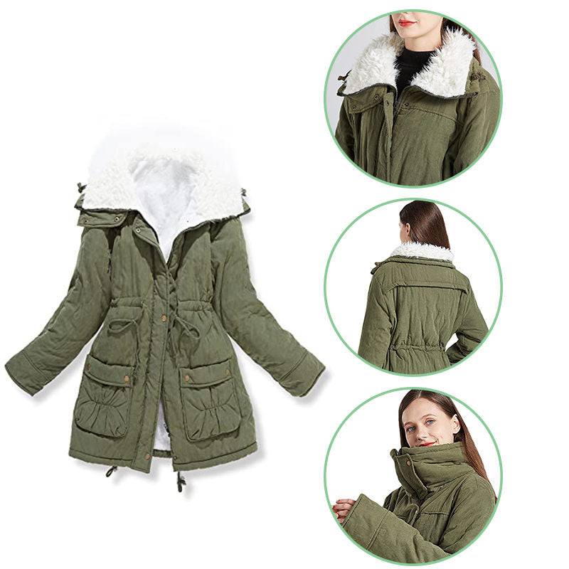Women's Mid Length Winter Coat Thickened Warm Lamb Wool Lined Jacket-Army Green