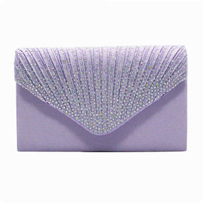 Ladies Frosted Satin Evening Clutch Rhinestones Crossbody Bag-LightPurple